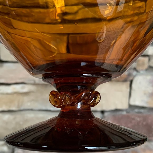 VTG Compote Hand Blown Rigaree Trim Lidded Rooster Amber Pedestal Art Glass - Picture 12 of 12